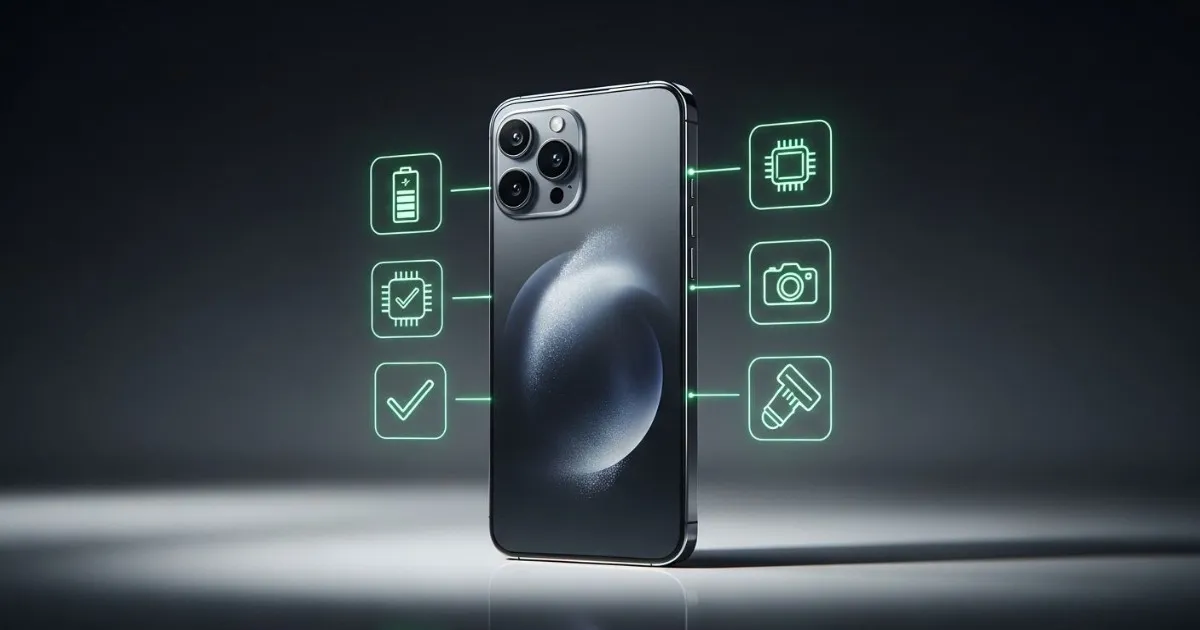 Ultra-realistic luxury product photography of a premium flagship smartphone standing upright on a sleek reflective surface. The phone has a polished glass and metal design with ultra-thin bezels and a sophisticated triple-camera module. Surrounding the device are five glowing holographic checklist icons representing battery, performance chip, camera lens, software interface, and ergonomic hand grip. Each icon has a subtle green checkmark and soft neon glow. Cinematic studio lighting with dramatic shadows and soft rim light highlights the premium materials. Dark gradient background, shallow depth of field, sharp focus, 8K resolution, hyper-detailed textures, high dynamic range, professional commercial tech advertisement style, minimal and futuristic aesthetic.