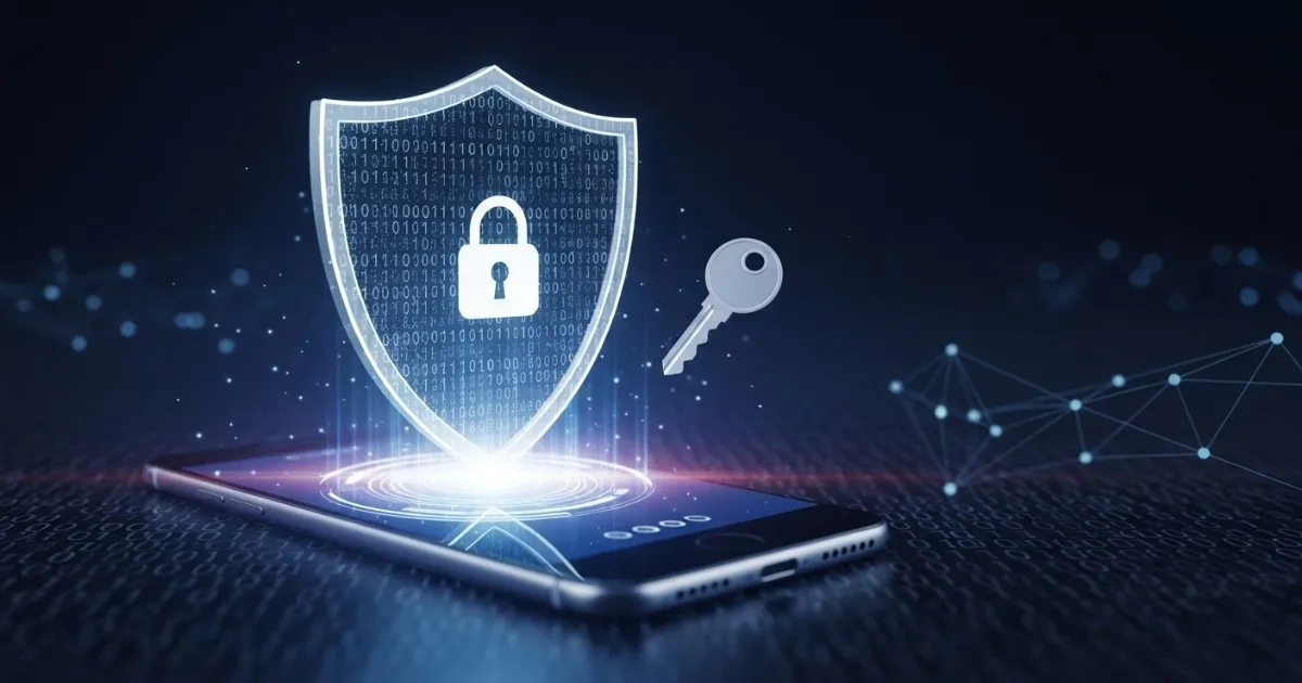 Two-factor authentication security concept showing a glowing digital shield protecting a smartphone with a lock and key-style verification icons representing online account safety and identity protection.