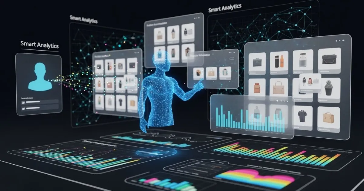 Futuristic AI shopping assistant hologram analyzing customer behavior inside a modern ecommerce dashboard environment, multiple personalized product recommendation panels floating around, smart analytics visualization, user preference signals, and adaptive product suggestions generated in real time, sleek dark tech interface, ultra detailed 3D render, no readable text inside panels.