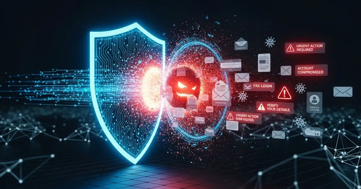 AI-powered phishing attack visualization showing a glowing digital threat interface trying to breach a cybersecurity shield, with warning signals and malicious email-style elements highlighting modern online fraud risks.
