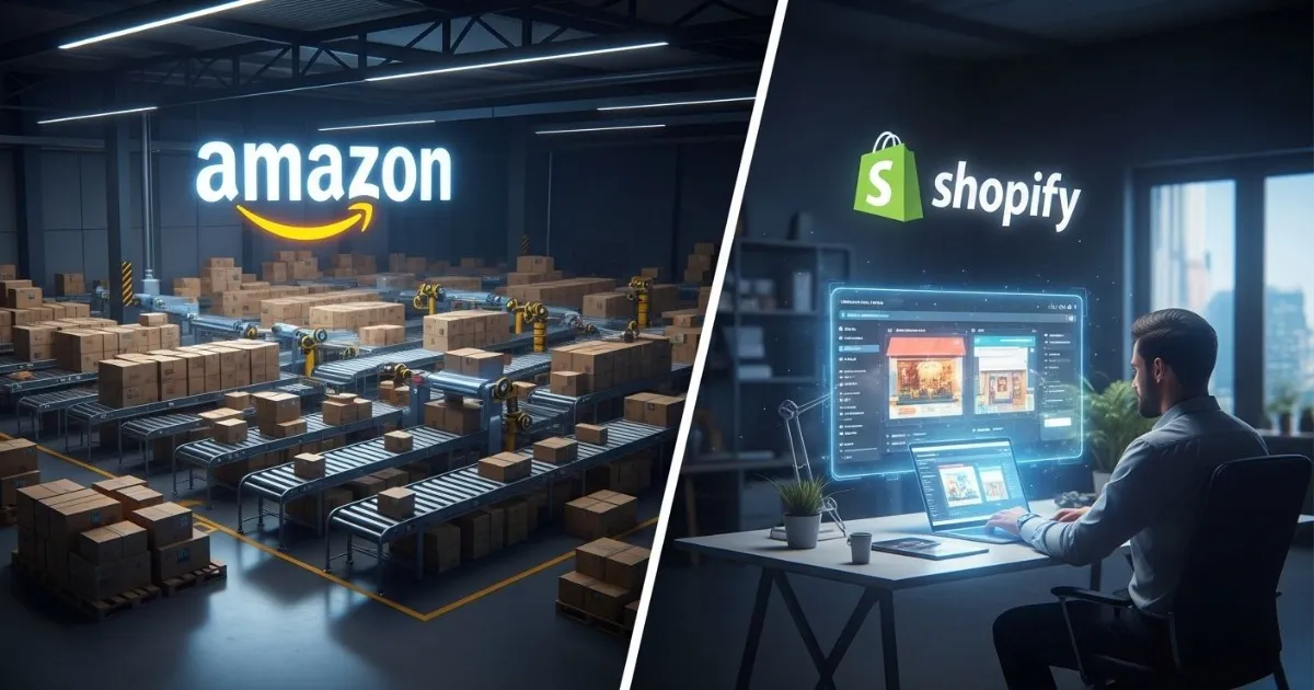 Split-screen futuristic ecommerce scene comparing two online selling models — left side shows massive automated warehouse with conveyor belts, stacked shipping boxes, robotic fulfillment system, and large glowing ‘Amazon’ logo displayed clearly above the warehouse; right side shows modern entrepreneur working on a laptop in a sleek office with customizable online storefront interface glowing in holographic display, with bright ‘Shopify’ logo visible above the digital workspace, cinematic lighting, ultra-detailed, high resolution.