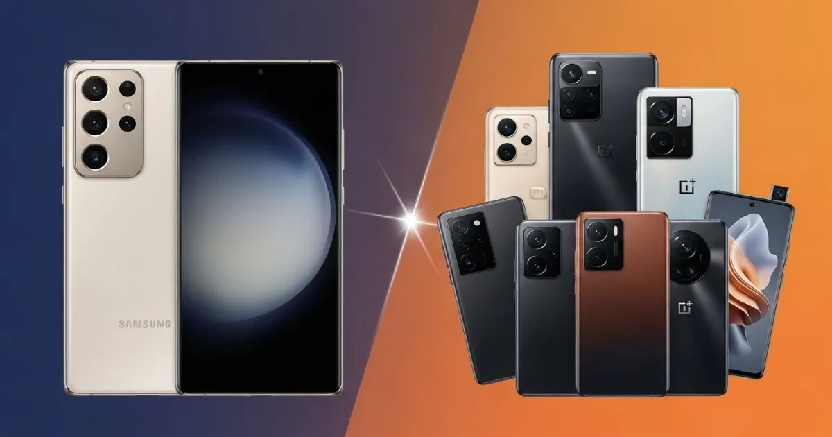 Samsung Galaxy S26 Ultra on one side and Chinese flagship phones on the other side representing two different Android philosophies