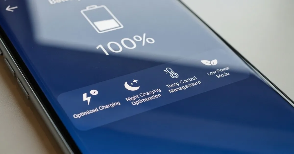 Smartphone battery health indicator showing 100% with charging optimization icons representing battery care tips