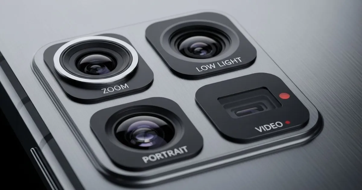 Smartphone camera module with multiple lenses surrounded by photography icons representing zoom, low-light, portrait, and video capabilities