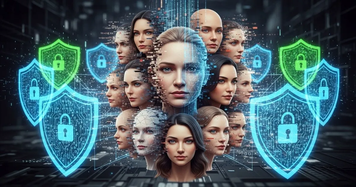 Deepfake and synthetic identity fraud concept showing AI-generated human faces blending with digital distortion effects, surrounded by cybersecurity shield protection symbols representing defense against AI-powered impersonation attacks.