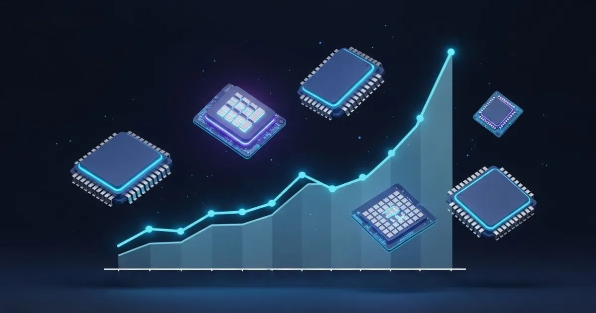 Professional data visualization style graph showing the rising price trend of flagship smartphones over time. The graph line is smoothly increasing, representing the growing cost of premium smartphones. Around the graph are floating 3D rendered memory chip and processor components subtly glowing to symbolize hardware cost impact. Include high-end semiconductor elements like microchips, CPU cores, and memory modules integrated into the background design. Use a dark futuristic tech dashboard aesthetic with neon blue and purple accents. Ultra-sharp vector-quality graph lines, clean minimal composition, 8K resolution, cinematic lighting, and commercial technology infographic style.