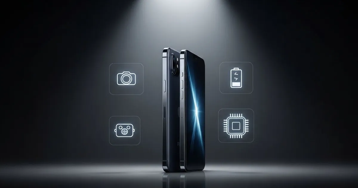Cinematic luxury tech advertisement featuring a flagship smartphone and a mid-range smartphone standing vertically on a glossy black surface. Ultra-detailed metal edges, crystal-clear glass reflections, realistic screen glow. Soft studio spotlight from above, smooth gradient dark background, floating elegant neon comparison icons (camera lens, battery cell, processor chip) in a minimal futuristic UI style. Hyper-realistic, 8K, macro lens photography, depth of field, dramatic lighting, ultra-sharp, professional product shoot, premium commercial aesthetic.
