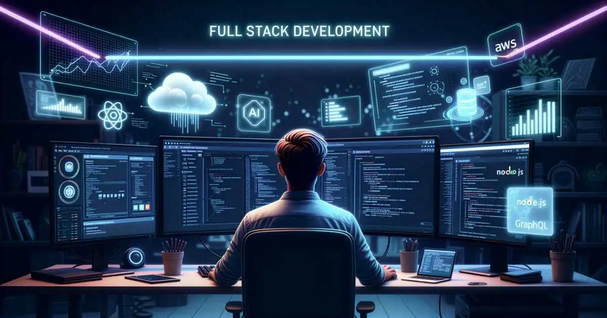 Full stack development concept with code, cloud services, and AI integration visualization