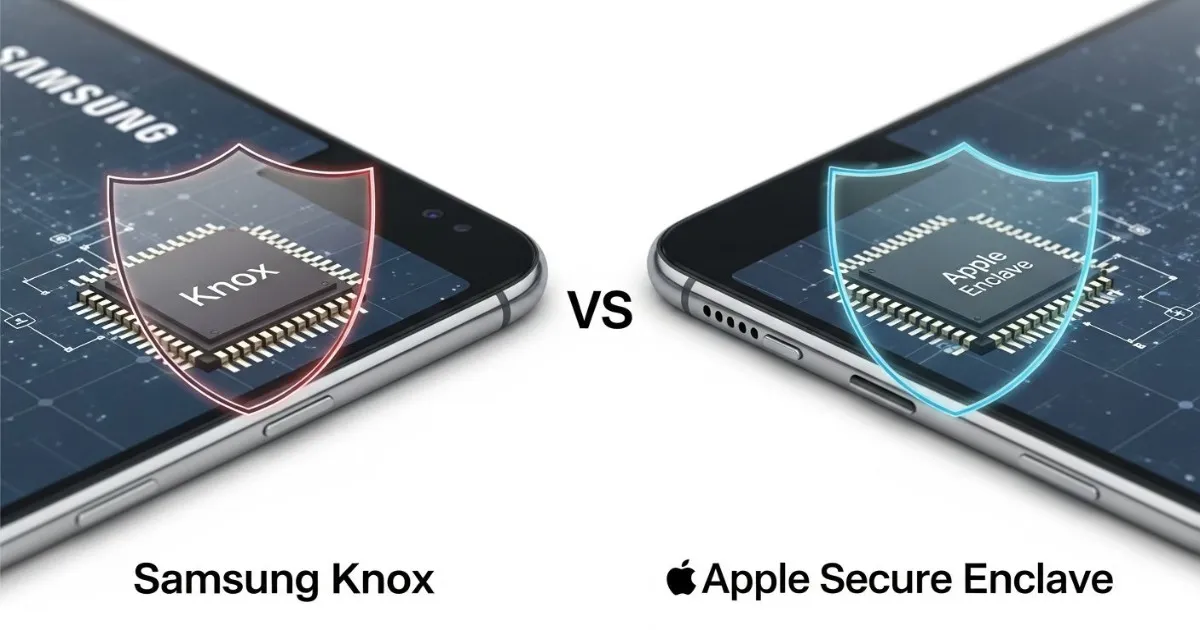 Comparison visualization of Samsung Knox and Apple Secure Enclave hardware security systems, showing smartphone devices protected by shielded microchip graphics representing advanced on-device encryption and hardware-level mobile security.