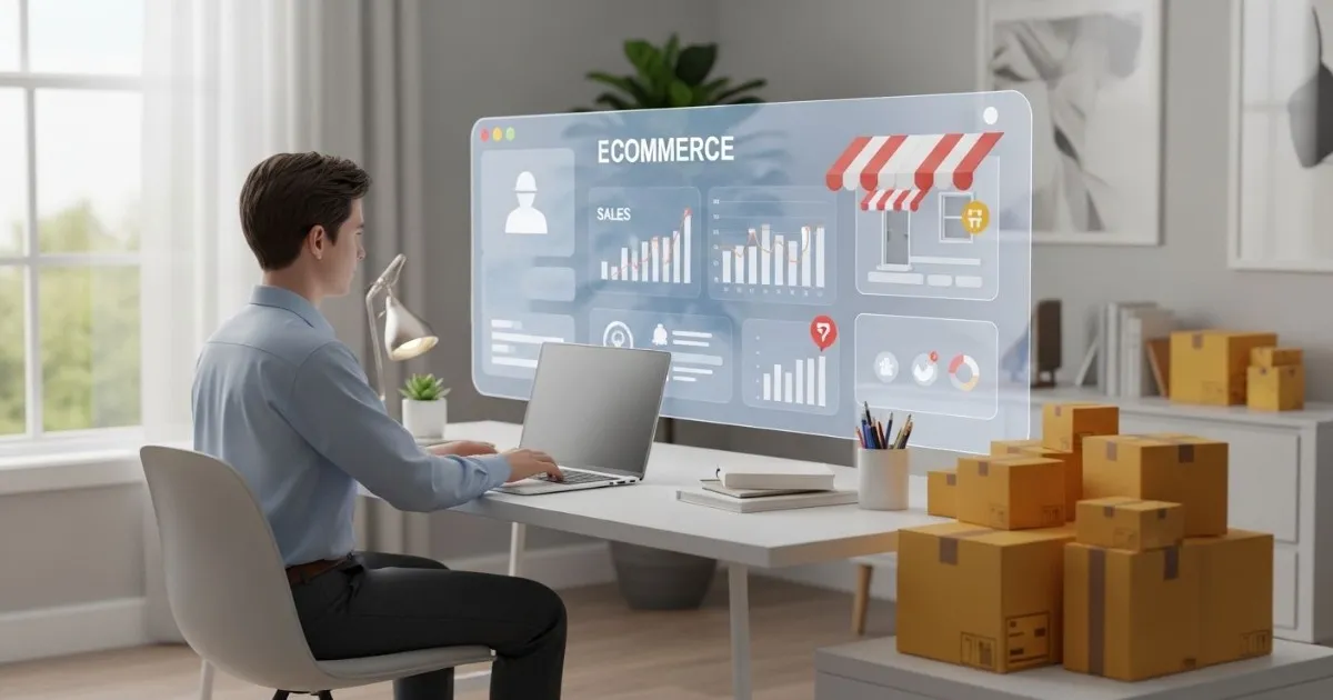 Young entrepreneur sitting at a modern desk working on a laptop inside a futuristic home office, viewing an ecommerce platform interface with product management tools, sales performance charts, order shipment icons, and digital storefront elements. Nearby are neatly arranged shipping boxes ready for delivery, soft natural lighting, ultra realistic 3D illustration, professional business visualization, no readable text inside the interface.