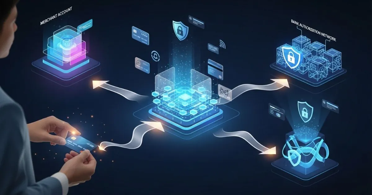 Modern fintech visualization of credit card payment transaction flow — customer using credit card, digital payment gateway system in the center, secure bank authorization network, merchant account receiving funds, glowing arrows showing transaction movement, cybersecurity shields and encryption symbols, floating payment method icons (credit card, debit card, mobile wallet), sleek futuristic interface, ultra detailed, no text.