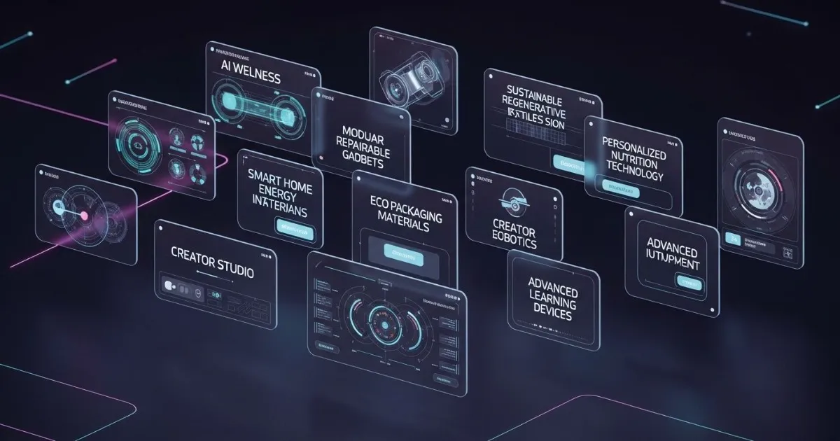 High-detail 3D rendered infographic scene showing 10 futuristic product categories arranged in floating panels — AI wellness devices with holographic health data, modular repairable gadgets, sustainable regenerative textiles, smart home energy systems with solar integration, eco packaging materials, personalized nutrition technology, autonomous delivery robotics, creator studio equipment, advanced learning devices, and intelligent automation hubs, glowing futuristic interface, dark background with neon accents, ultra modern tech aesthetic.