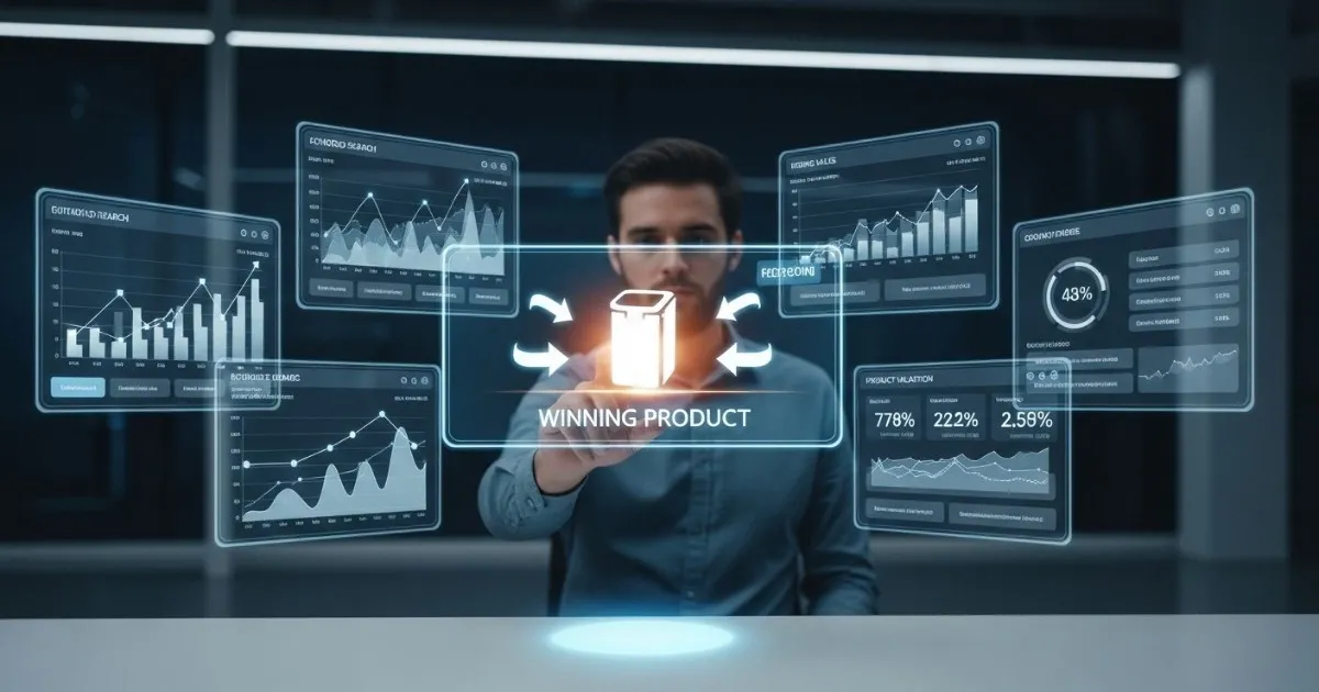 Futuristic ecommerce product research scene showing entrepreneur analyzing multiple holographic data dashboards with trend graphs, rising sales charts, keyword search interface, competitor comparison panels, product validation metrics, and highlighted winning product in center, glowing arrows showing selection process, modern tech environment, ultra detailed, no text.