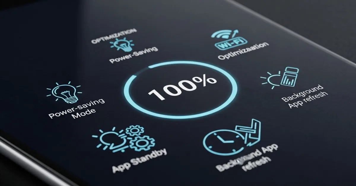 Smartphone battery level indicator showing 100% with optimization icons around it representing battery saving features and settings