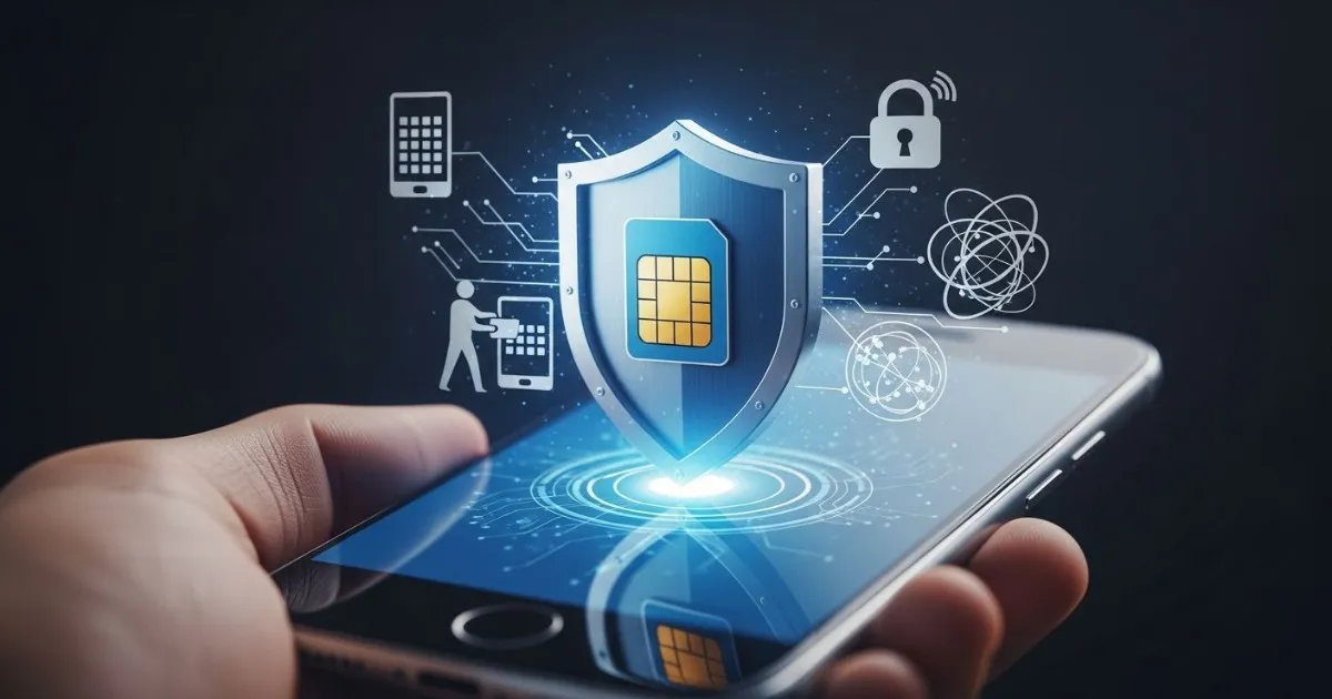 SIM swapping attack concept showing a smartphone with security shield protection, symbolizing defense against identity theft, unauthorized SIM replacement, and mobile account hijacking threats.
