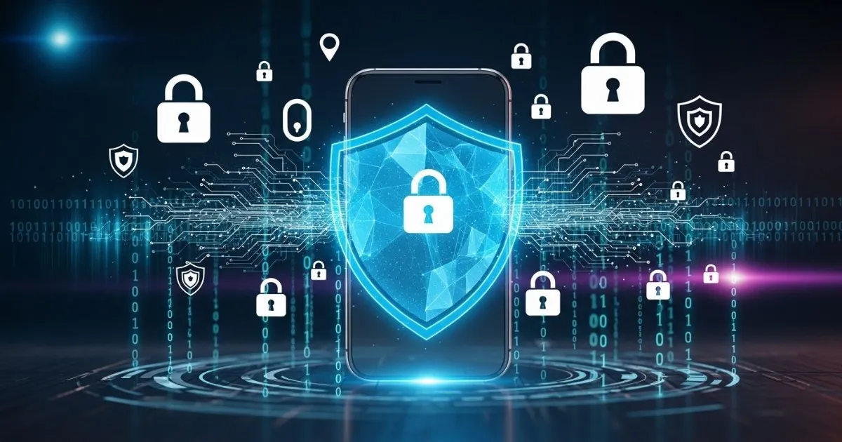 Smartphone cybersecurity concept showing a protected mobile device surrounded by a glowing security shield, lock symbols, and digital protection interfaces representing modern phone safety.