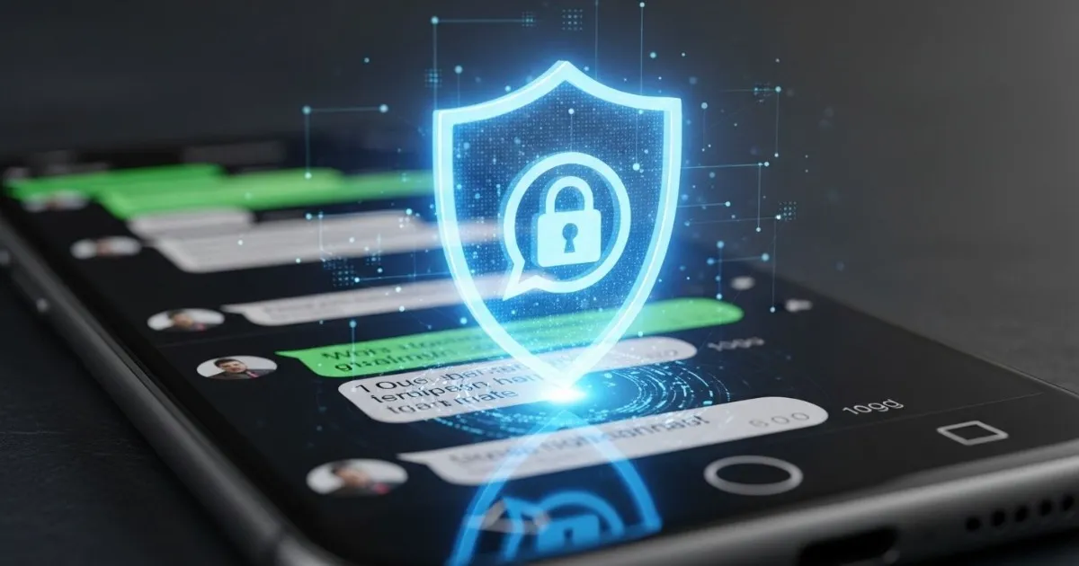WhatsApp security concept showing chat messages protected by a glowing digital shield and lock symbol, representing end-to-end encryption and secure communication privacy.