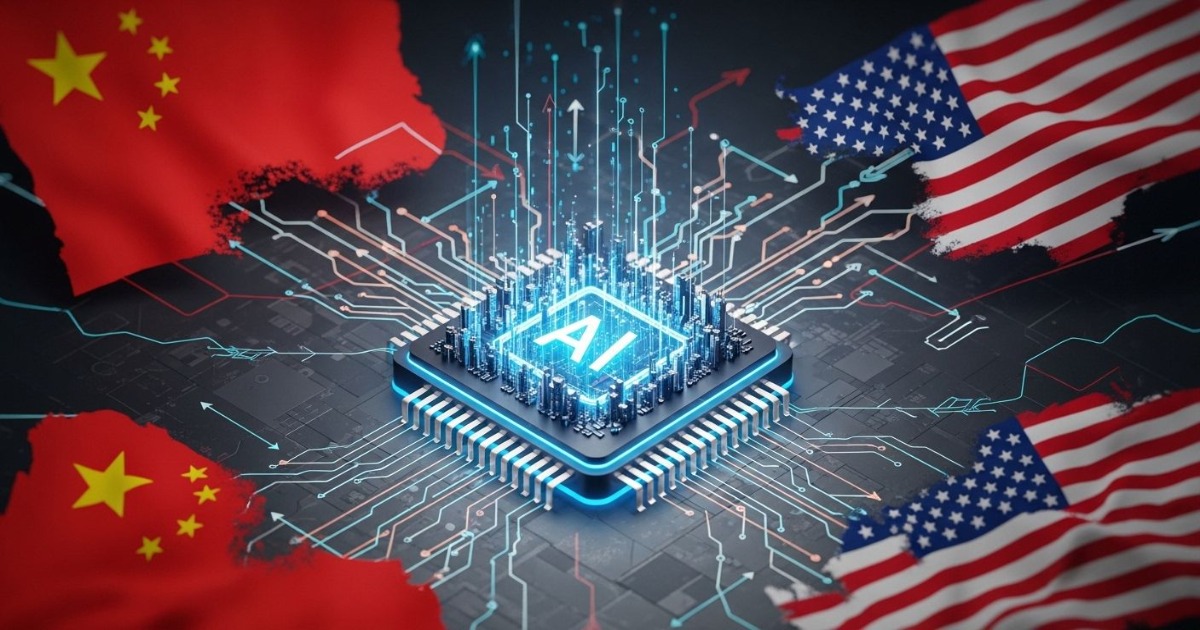 DeepSeek AI chip controversy editorial illustration showing microchip with Chinese flag and US export control symbols.