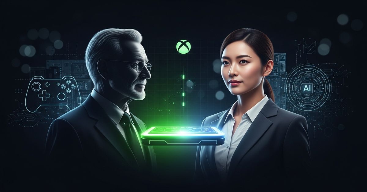 Xbox leadership transition editorial illustration showing gaming industry executive change and futuristic tech background.