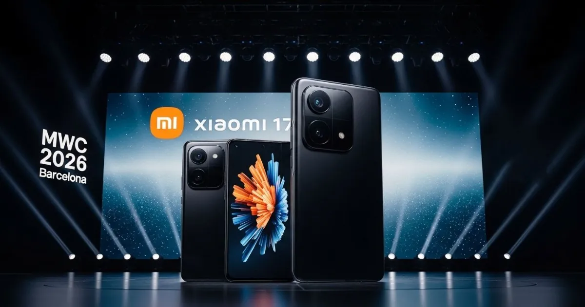 Xiaomi 17 and Xiaomi 17 Ultra smartphones displayed on stage at Mobile World Congress Barcelona 2026, showcasing Leica camera branding and the new design language